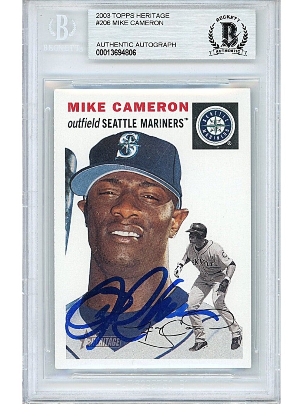 Mike Cameron Signed 2003 Topps Heritage #206 Mariners Beckett BAS Slab Auto MLB